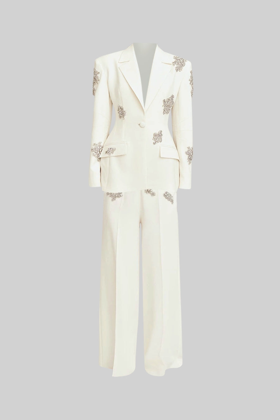 Refined Floral Embellished Pantsuit - White