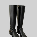 Equestrian Style Leather Boots With Back Chain - Black