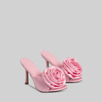 Satin Sandals with Flower Pom Pom - Pink