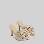 Satin Sandals with Flower Pom Pom - Beige