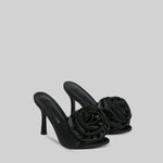 Satin Sandals with Flower Pom Pom - Black