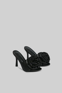 Satin Sandals with Flower Pom Pom - Black