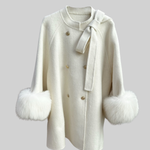 Double Breasted Overcoat With Fur Cuff Accents And Neckline Ribbon - Ivoire