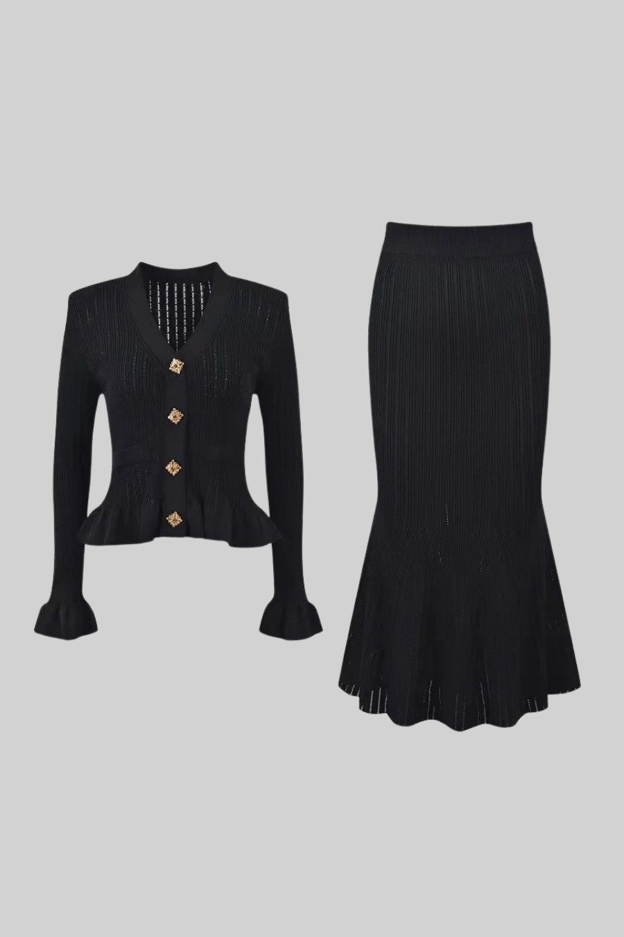 Ruffled Jacket & Flared Skirt Knit Matching Set - Black