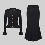 Ruffled Jacket & Flared Skirt Knit Matching Set - Black