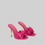 Satin High Heel Sandals with Ribbon - Fuchsia