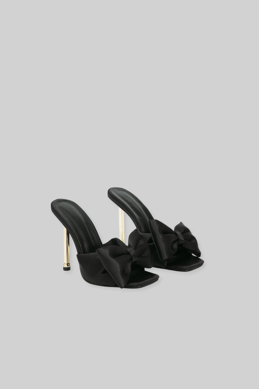 Satin High Heel Sandals with Ribbon - Black