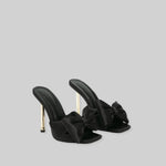 Satin High Heel Sandals with Ribbon - Black