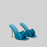 Satin High Heel Sandals with Ribbon - Turquoise