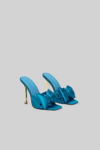 Satin High Heel Sandals with Ribbon - Turquoise