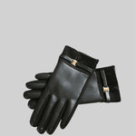 Vegan Leather And Suede Gloves With Gold Buckle Detail - Black