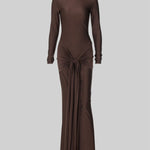 Draped Long High Neck Dress - Brown