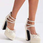 Pearl embellishment platform pumps - White