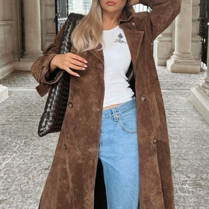 Brown Belted Waist Long Overcoat