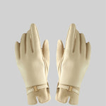 Vegan Leather And Suede Gloves With Gold Buckle Detail - Beige