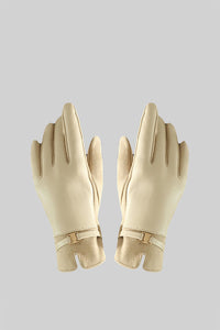 Vegan Leather And Suede Gloves With Gold Buckle Detail - Beige