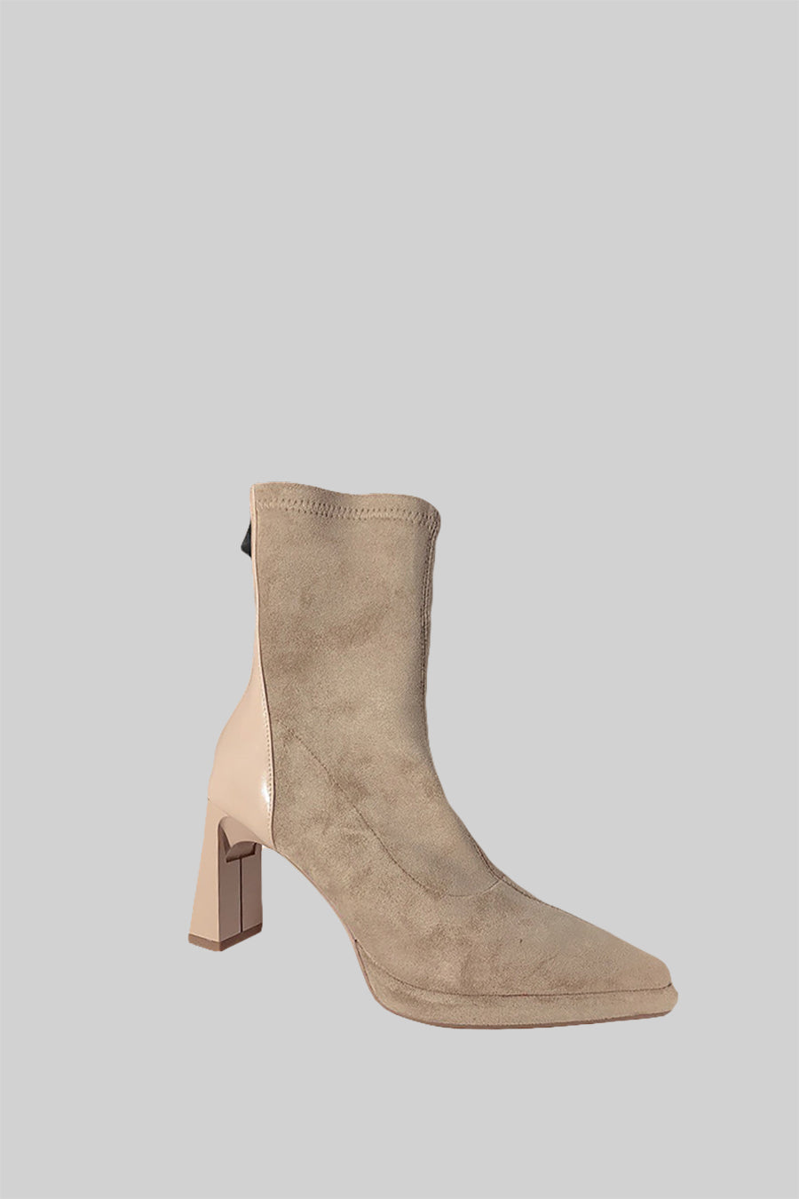 Glossy Heel Suede Ankle Boot - Beige