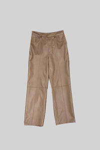 Leather Straight Leg Trousers With Decorative Stitching - Beige