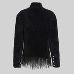 Double Breasted Textured Jacket With Fringed Hem - Black