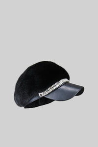 Mink Fur Hat With Leather Visor - Black