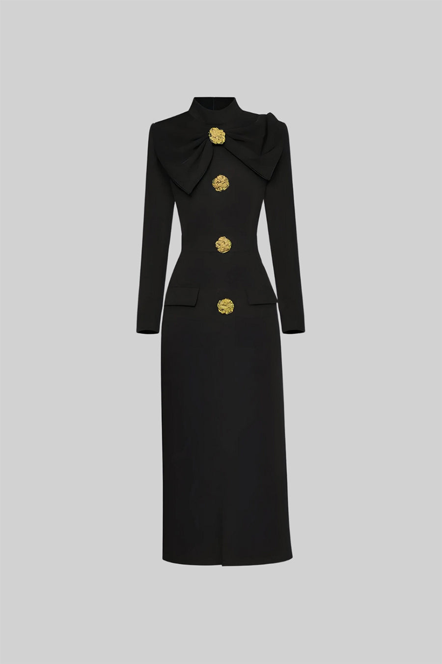 Elegant Bow-Collar Long-Sleeved Dress - Black