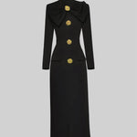 Elegant Bow-Collar Long-Sleeved Dress - Black