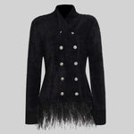 Double Breasted Textured Jacket With Fringed Hem - Black