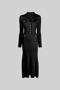 Elegant Ribbed Dress With Long Sleeves - Black