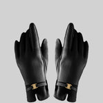 Vegan Leather And Suede Gloves With Gold Buckle Detail - Black