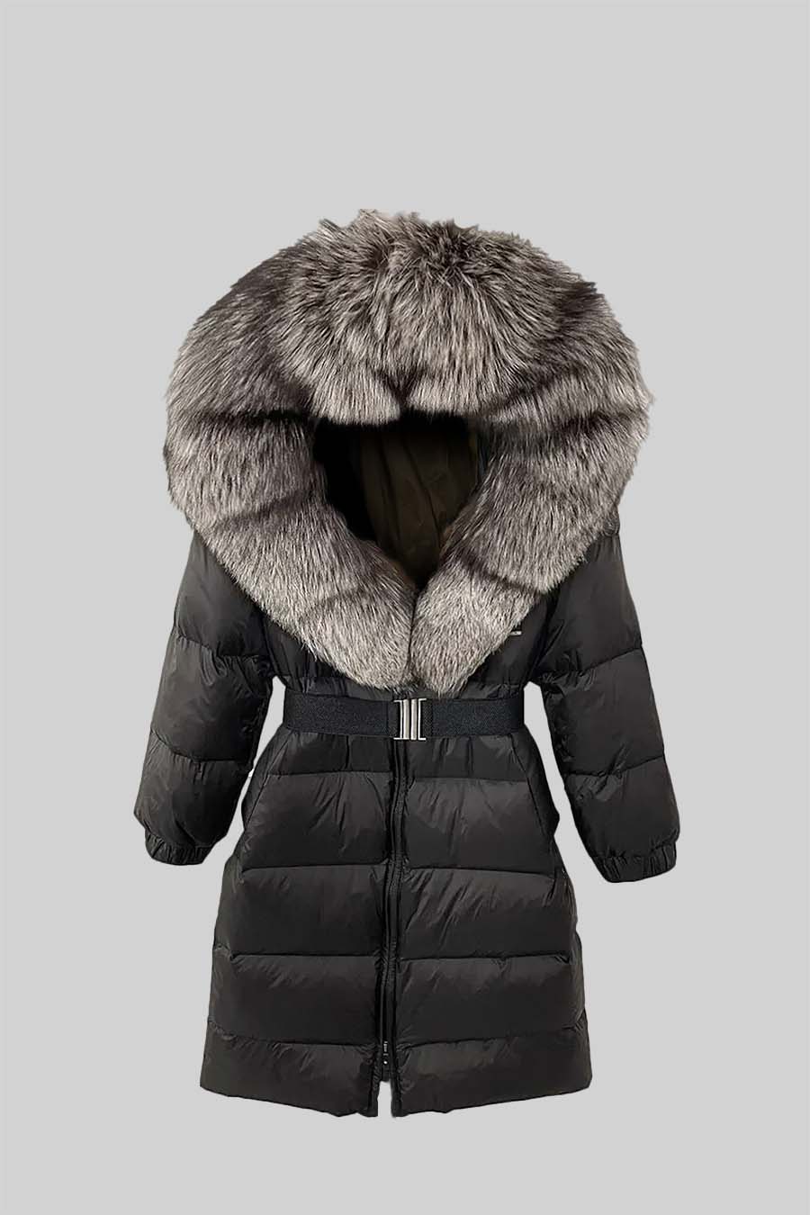 Long Puffer Jacket With Gray Fox Fur-Lined Hood - Black