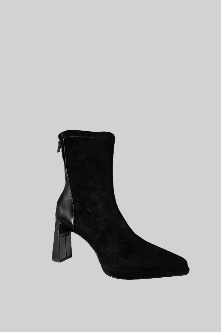 Glossy Heel Suede Ankle Boot - Black