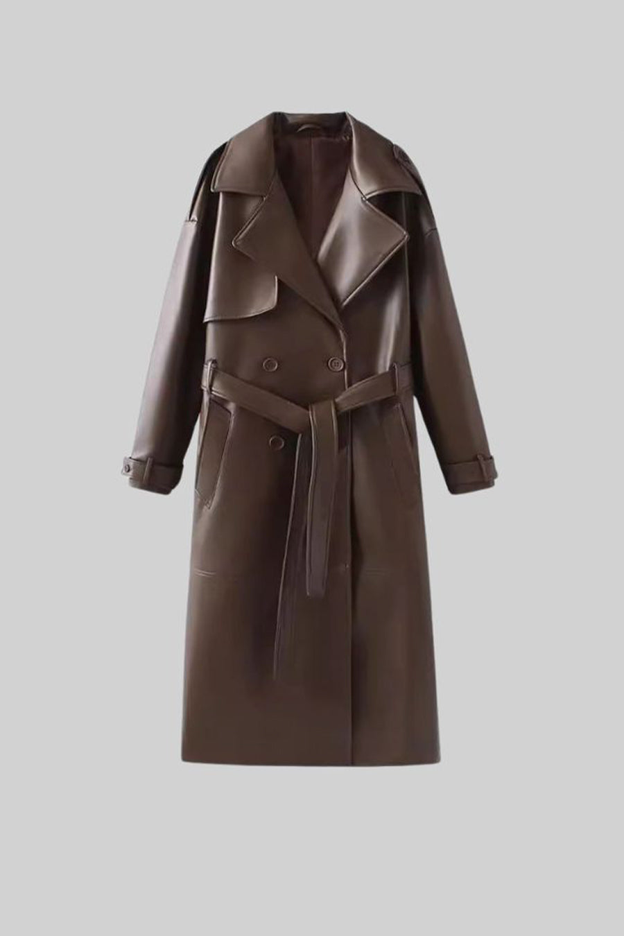 Vegan Leather Trench Coat - Brown