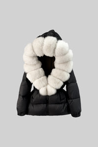 Puffer Jacket With White Fox Fur-Lined Hood - Black