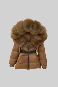 Puffer Jacket With Brown Fox Fur-Lined Hood - Brown