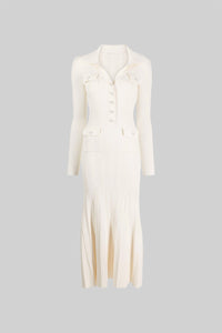 Elegant Ribbed Dress With Long Sleeves - Ivoire