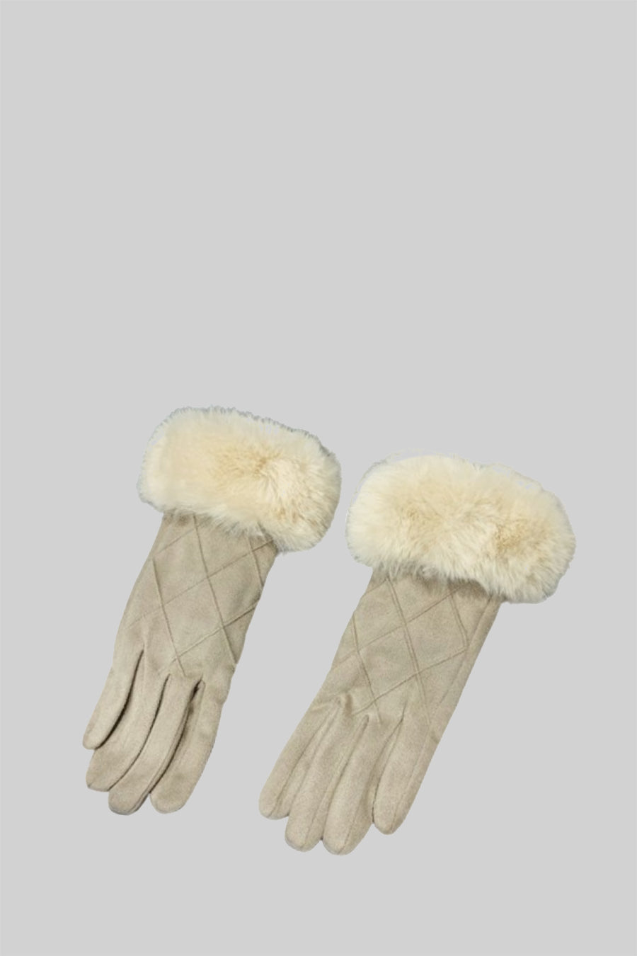 Suede Quilted Gloves With Fur - Beige