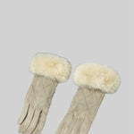 Suede Quilted Gloves With Fur - Beige