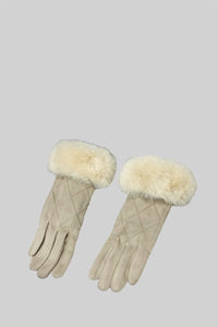 Suede Quilted Gloves With Fur - Beige