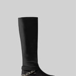 Equestrian Style Leather Boots With Back Chain - Black