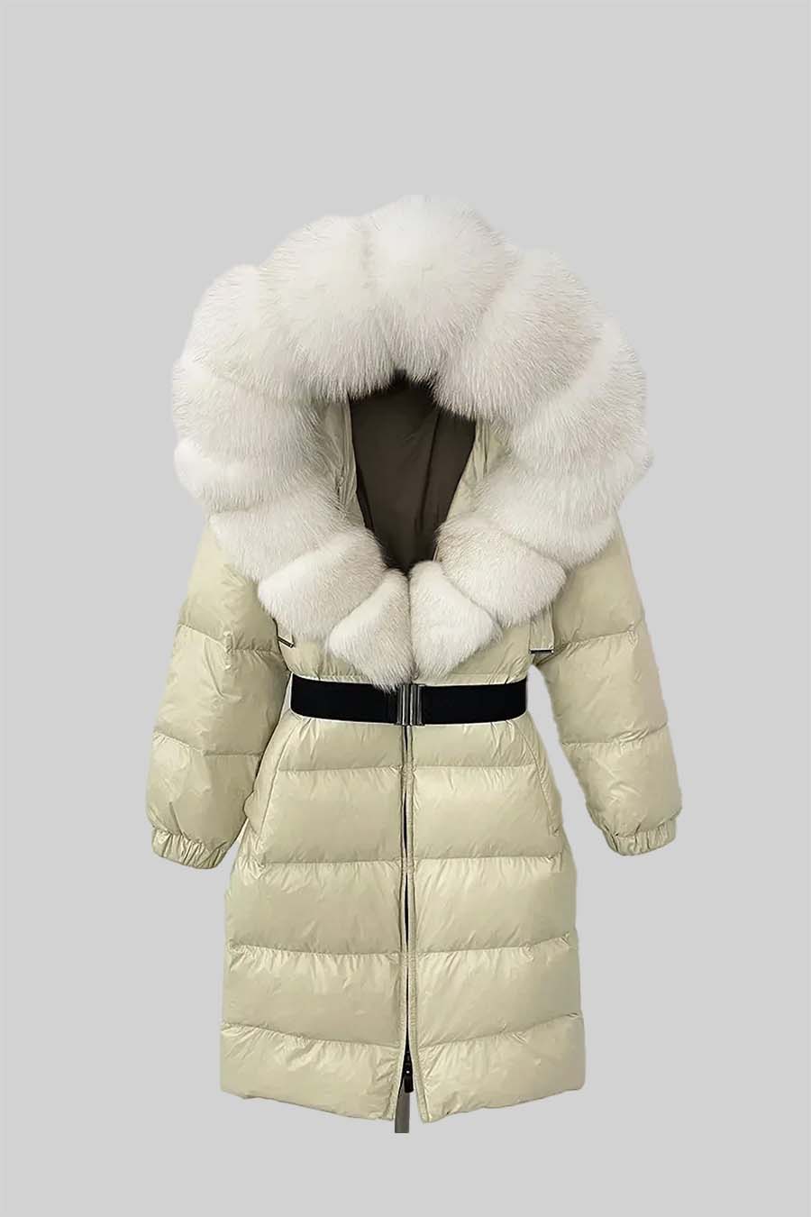 Long Puffer Jacket With White Fox Fur-Lined Hood - Ivoire