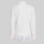 Double Breasted Textured Jacket With Fringed Hem - White