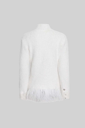 Double Breasted Textured Jacket With Fringed Hem - White