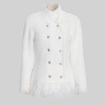 Double Breasted Textured Jacket With Fringed Hem - White