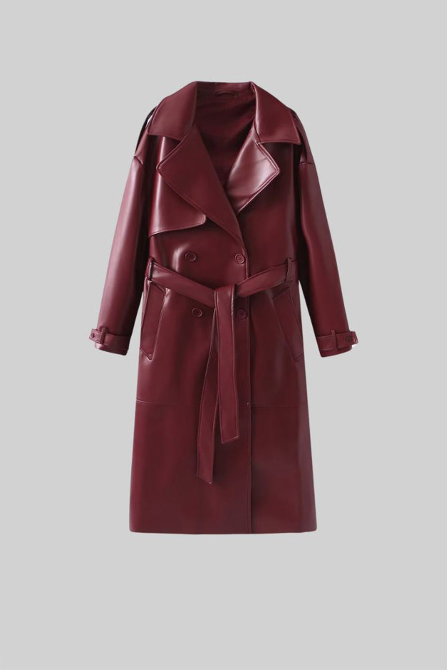 Vegan Leather Trench Coat - Burgundy