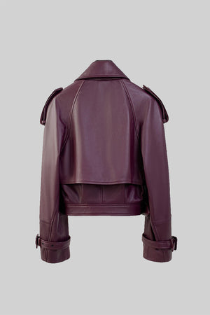 Double Breasted Vegan Leather Jacket - Burgundy