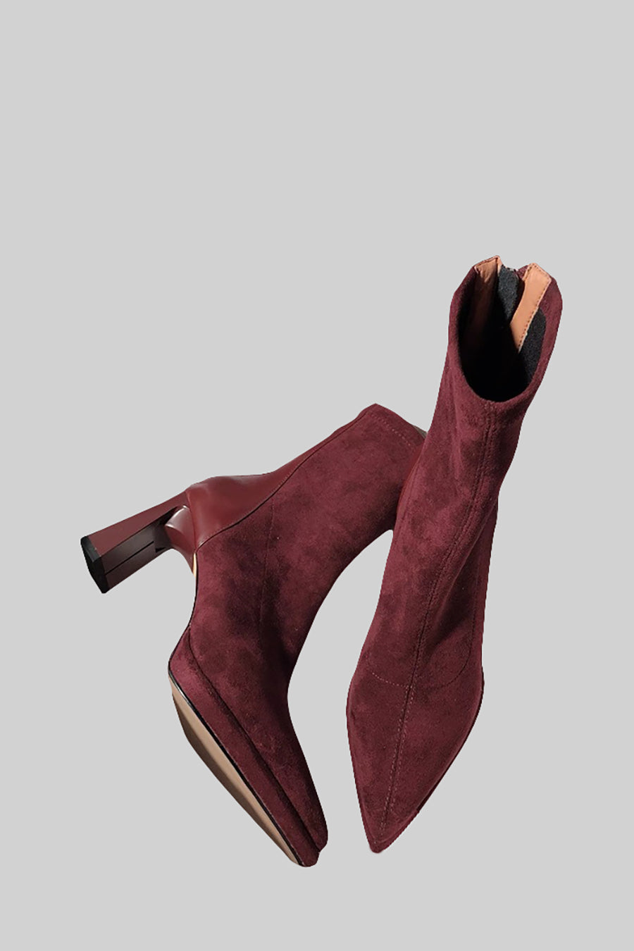 Glossy Heel Suede Ankle Boot - Burgundy