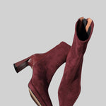 Glossy Heel Suede Ankle Boot - Burgundy